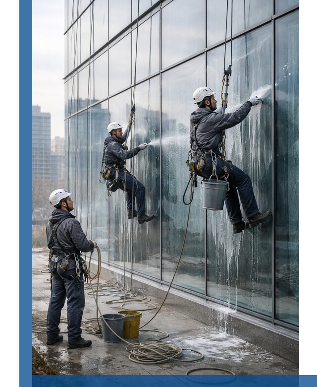 Промышленная мойка панорамных окон на высоте в Абакане