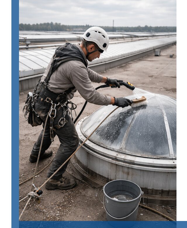 Мойка зенитных фонарей на кровле для промышленных объектов в Абакане