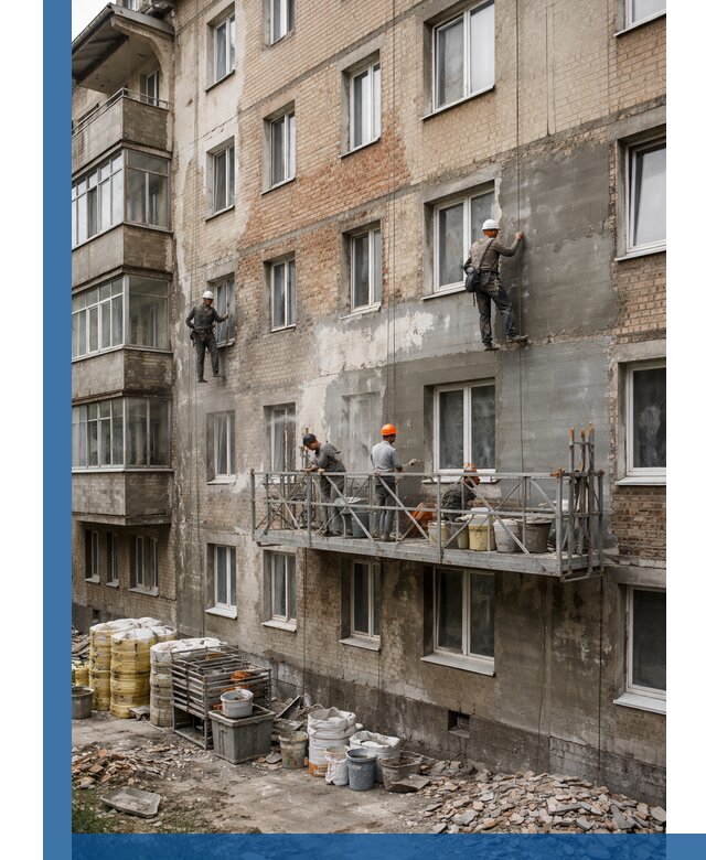 Капитальный ремонт фасада в Абакане с восстановлением и гидроизоляцией