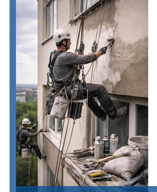 Косметический ремонт фасада зданий в Абакане промышленными альпинистами