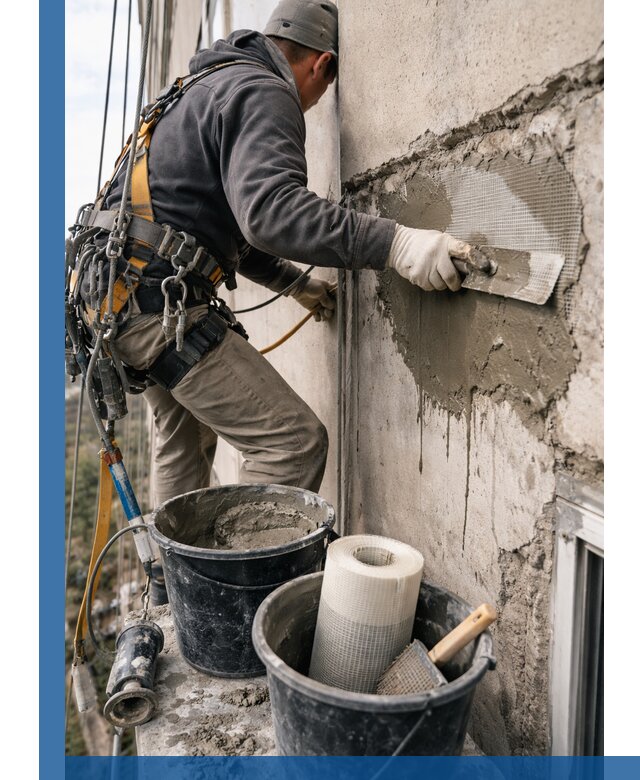 Ремонт бетонных элементов фасада промышленными альпинистами в Абакане