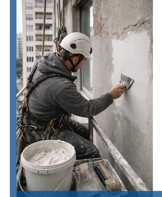 Шпаклевка фасадов на высоте с промальпинистами в Абакане