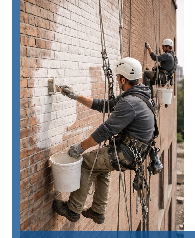 Покраска кирпичного фасада с доступным альпинистским сервисом в Абакане