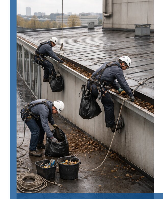 Очистка кровли по периметру в Абакане силами промышленных альпинистов