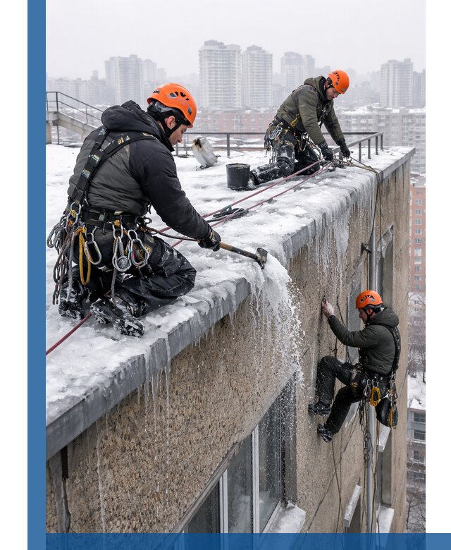 Удаление наледи с кровли в Абакане промышленными альпинистами