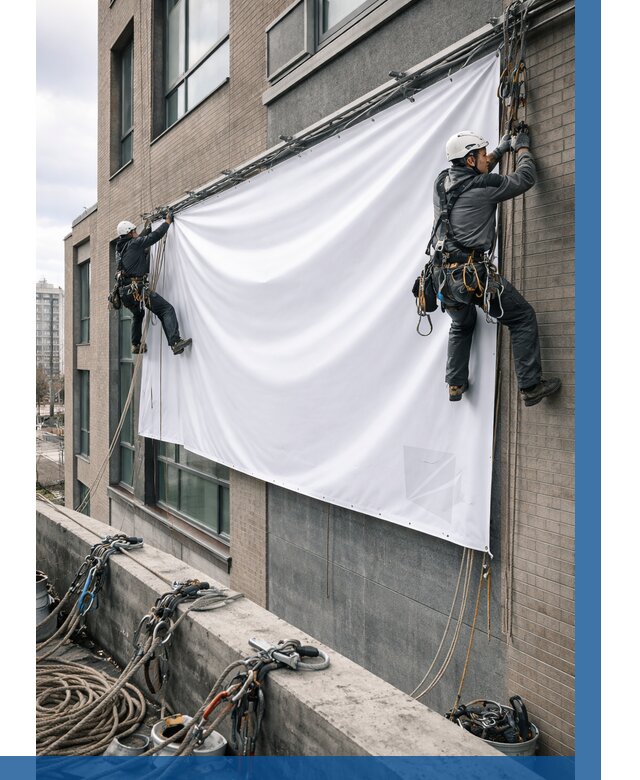 Монтаж баннеров на фасаде в Абакане от 664 р. заказать ВЫСОТНИК-Бкн