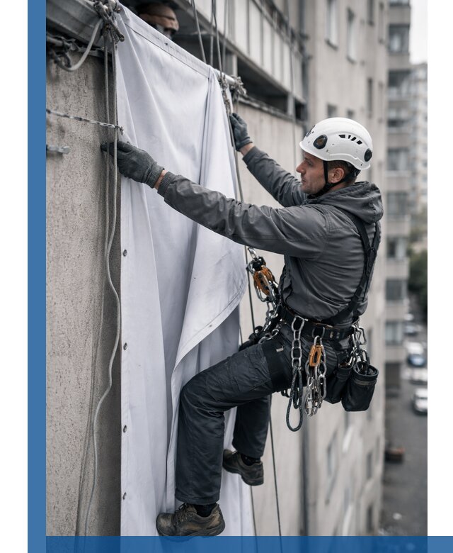 Замена баннерного полотна промышленными альпинистами в Абакане