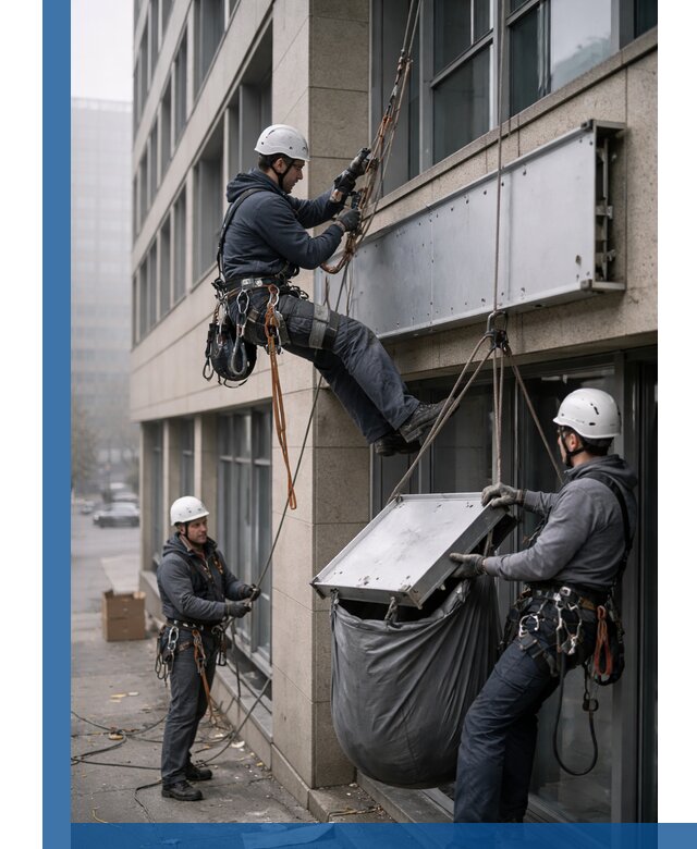 Демонтаж рекламной вывески с высотными работами в Абакане