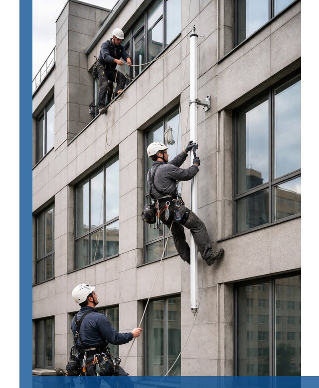 Монтаж флагштока на фасаде здания с креплением и герметикой в Абакане