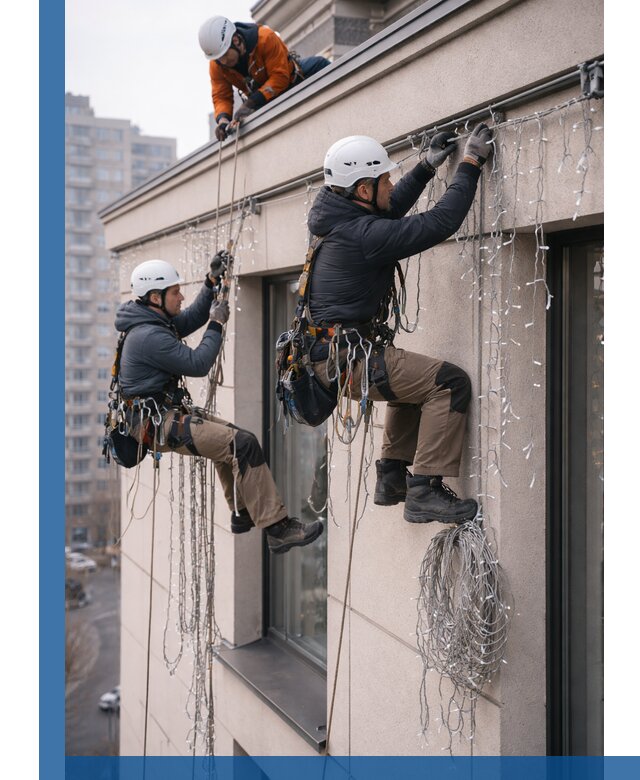 Монтаж праздничных гирлянд на фасаде в Абакане для зданий