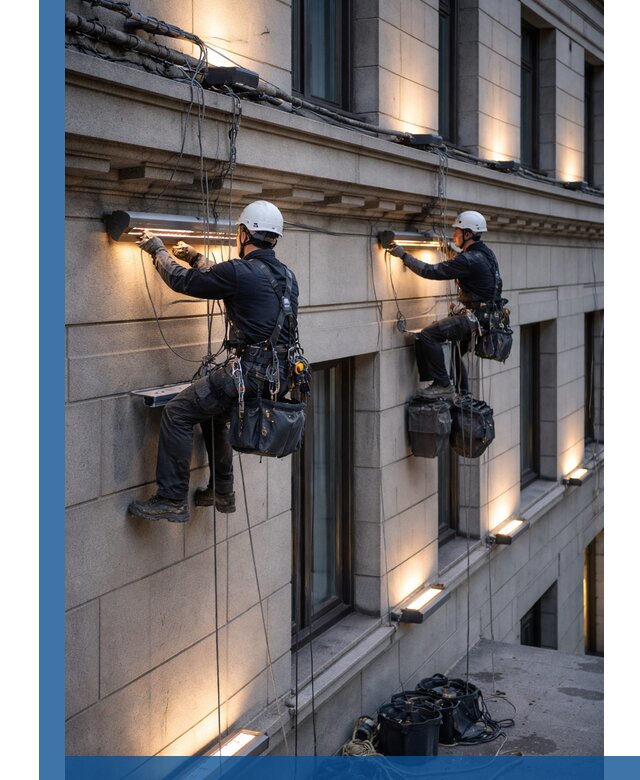 Монтаж архитектурной подсветки фасадов зданий в Абакане