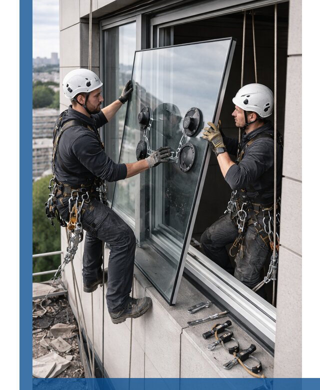 Замена стеклопакетов на высоте с промышленными альпинистами в Абакане
