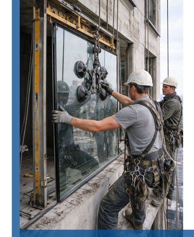 Монтаж стеклопакетов на высоте в Абакане с промышленным альпинизмом