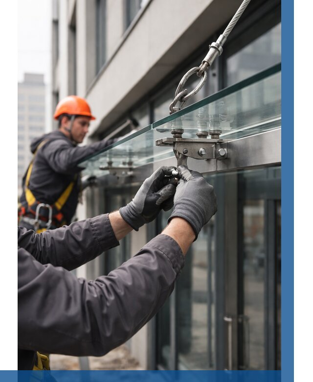 Монтаж стеклянных козырьков в Абакане от 8683 р. | ВЫСОТНИК-Бкн