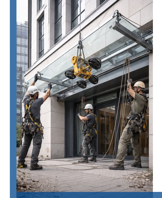 Монтаж стеклянных козырьков под ключ в Абакане для зданий