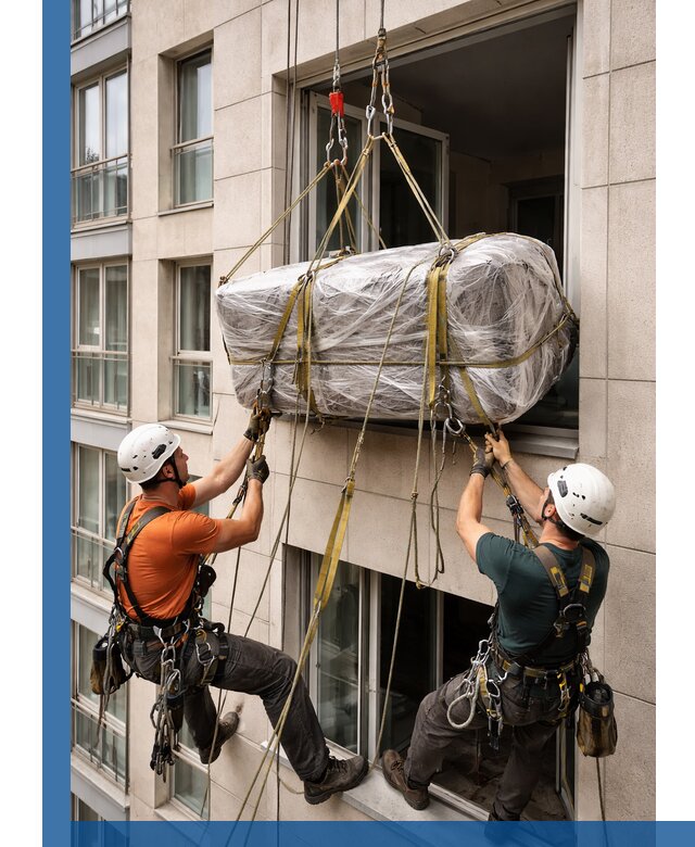 Подъем грузов через окно в Абакане промышленными альпинистами