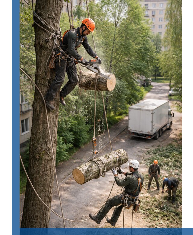 Спил деревьев альпинистами в Абакане, безопасно и без повреждений