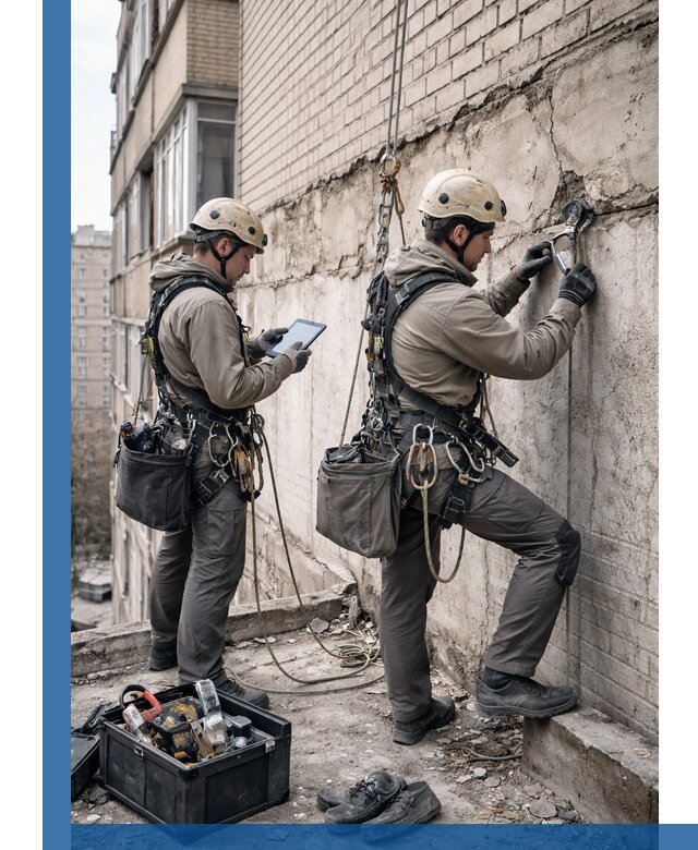 Обследование фасада промышленными альпинистами в Абакане